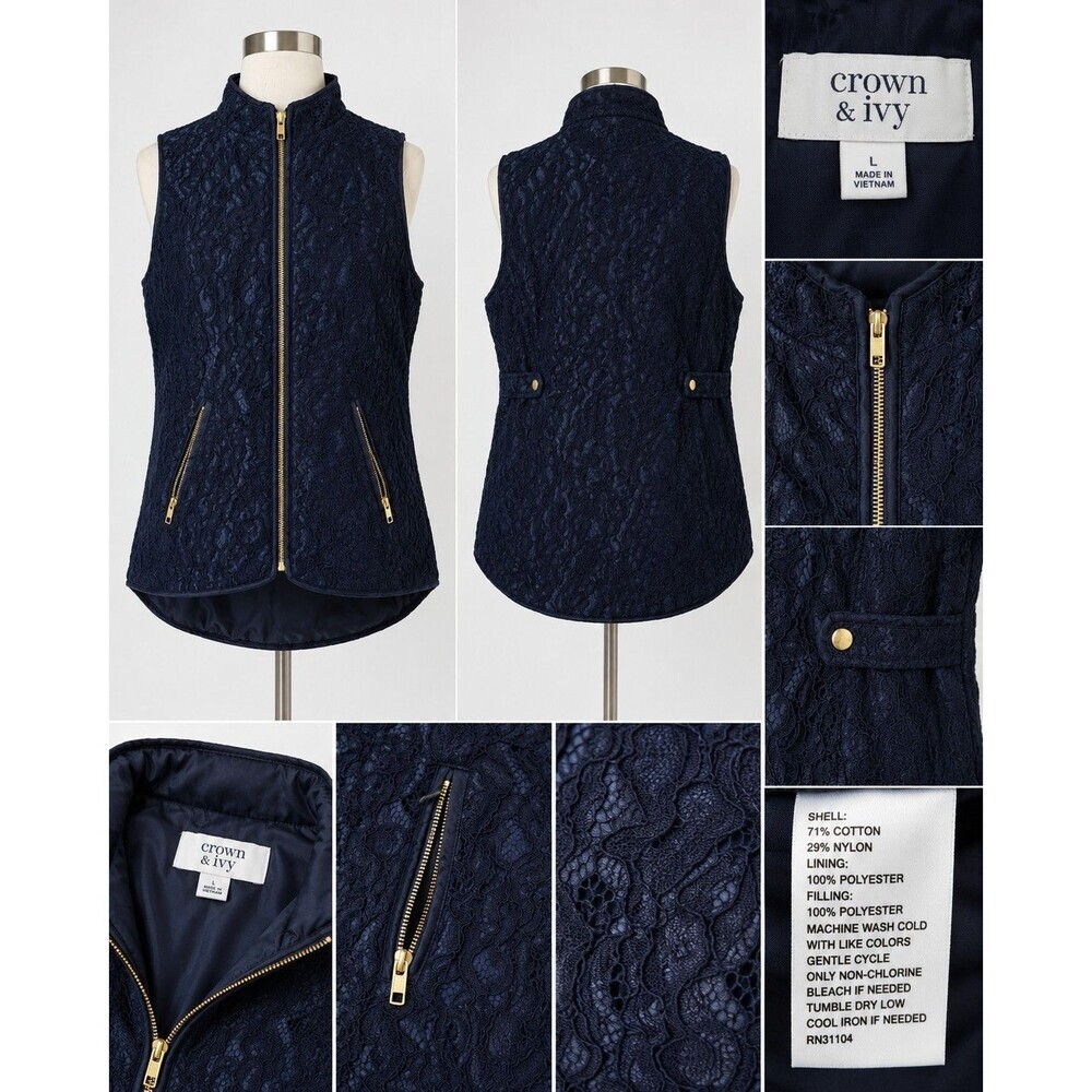 Crown & Ivy Navy Lace Puffer Vest Womens Large Quilted Zip Front Gold Hardwar